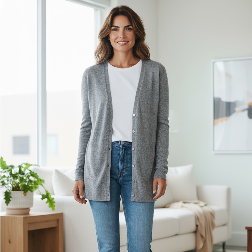 Ann Taylor 100% Cashmere Gray Button Front Cardigan Sweater Size M